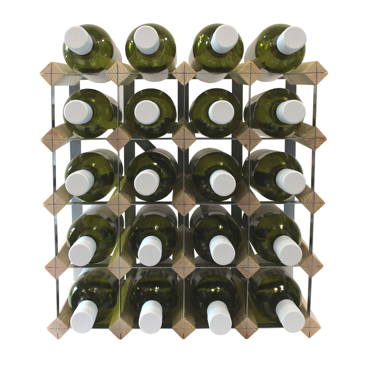 Fully Assembled Wooden Wine Rack - Natural Pine & Galvanised Steel 20 Bottle 4 x 4
