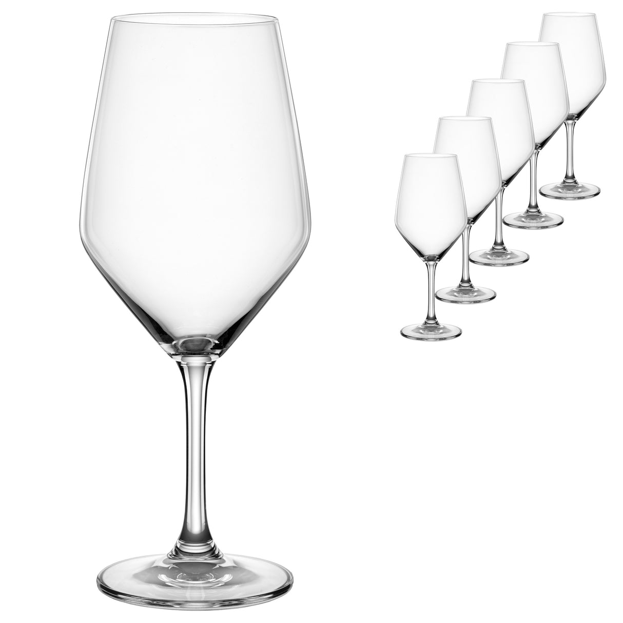 A set of six clear Spiegelau Festino Universal Red & White Wine Glasses by Spiegelau is displayed on a white background, featuring one elegant crystal wine glass prominently in the foreground with five smaller glasses arranged diagonally behind it.