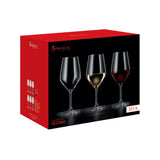 A red and black Spiegelau box displays three elegant Festino Universal Red & White Wine Glasses—one empty, one filled with white wine, and one with red wine—perfectly highlighting the versatile design of these crystal glasses from Spiegelau. The packaging notes that this is a Set of 6.