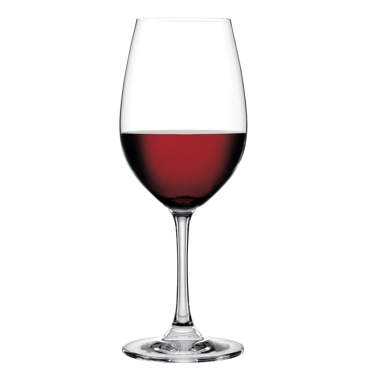 A Spiegelau Restaurant Winelovers Red Wine Glass (460ml), half-filled with red wine and set against a plain white background, highlights the refined elegance of Spiegelau’s premium restaurant glassware.