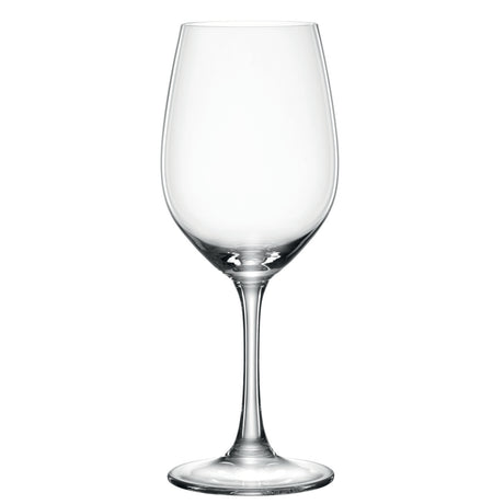 A clear, empty Spiegelau Restaurant Winelovers Red Wine Glass 460ml from Spiegelau, featuring a long stem and a round base, crafted from fine crystal glass and set against a plain white background.