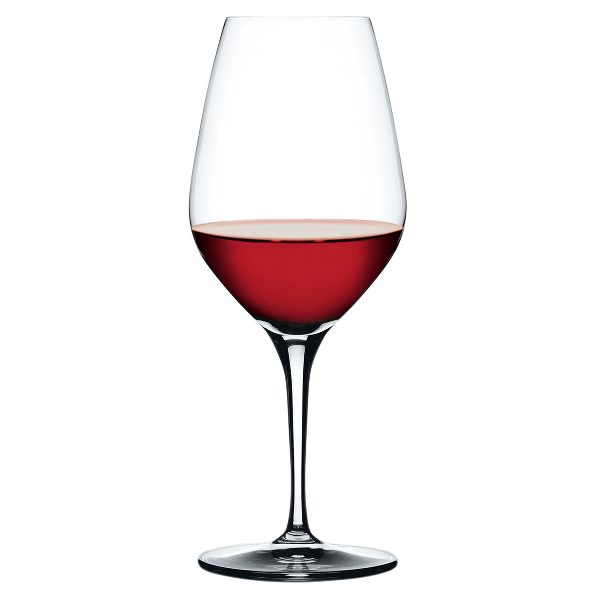 A Spiegelau Restaurant Authentis Red Wine Glass (480ml) from the set of 12, partially filled with red wine, stands elegantly on a white background.