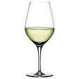 A Spiegelau Restaurant Authentis Universal/White Wine Glass 420ml, half-filled with white wine and set against a plain white background, perfectly highlights the timeless elegance of Spiegelau's craftsmanship.
