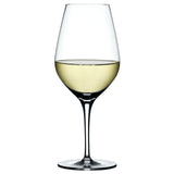 A Spiegelau Restaurant Authentis Universal/White Wine Glass 420ml, half-filled with white wine and set against a plain white background, perfectly highlights the timeless elegance of Spiegelau's craftsmanship.