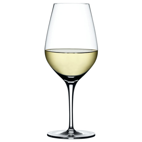 A Spiegelau Restaurant Authentis Universal/White Wine Glass 420ml, half-filled with white wine and set against a plain white background, perfectly highlights the timeless elegance of Spiegelau's craftsmanship.