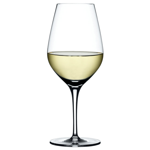 A Spiegelau Restaurant Authentis Universal/White Wine Glass 420ml, half-filled with white wine and set against a plain white background, perfectly highlights the timeless elegance of Spiegelau's craftsmanship.