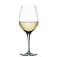 A Spiegelau Restaurant Authentis Small White Wine Glass (360ml) from Spiegelau, filled halfway with white wine, stands upright against a plain white background.