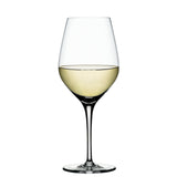 A Spiegelau Restaurant Authentis Small White Wine Glass (360ml) from Spiegelau, filled halfway with white wine, stands upright against a plain white background.