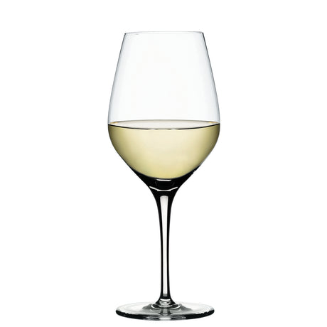 A Spiegelau Restaurant Authentis Small White Wine Glass (360ml) from Spiegelau, filled halfway with white wine, stands upright against a plain white background.