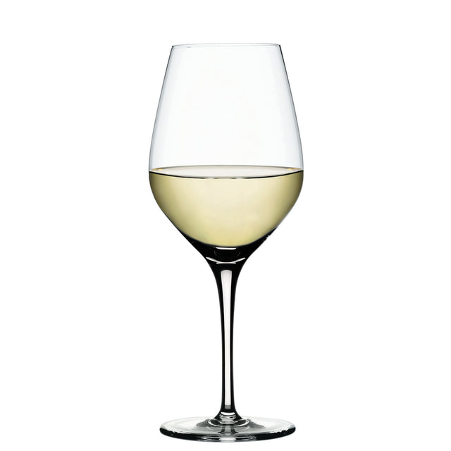 A Spiegelau Restaurant Authentis Small White Wine Glass (360ml) from Spiegelau, filled halfway with white wine, stands upright against a plain white background.