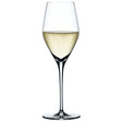 A Spiegelau Restaurant Authentis Champagne Glass (220ml), crafted from crystal by Spiegelau, is filled with pale sparkling wine and displayed against a white background.