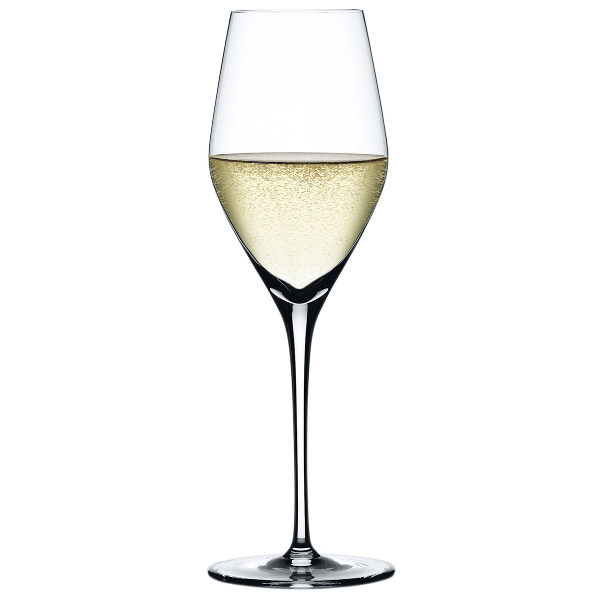 A Spiegelau Restaurant Authentis Champagne Glass (220ml), crafted from crystal by Spiegelau, is filled with pale sparkling wine and displayed against a white background.
