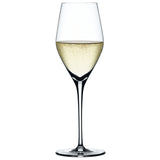 A Spiegelau Restaurant Authentis Champagne Glass (220ml), crafted from crystal by Spiegelau, is filled with pale sparkling wine and displayed against a white background.