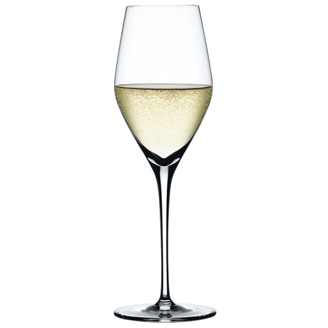 A Spiegelau Restaurant Authentis Champagne Glass (220ml), crafted from crystal by Spiegelau, is filled with pale sparkling wine and displayed against a white background.