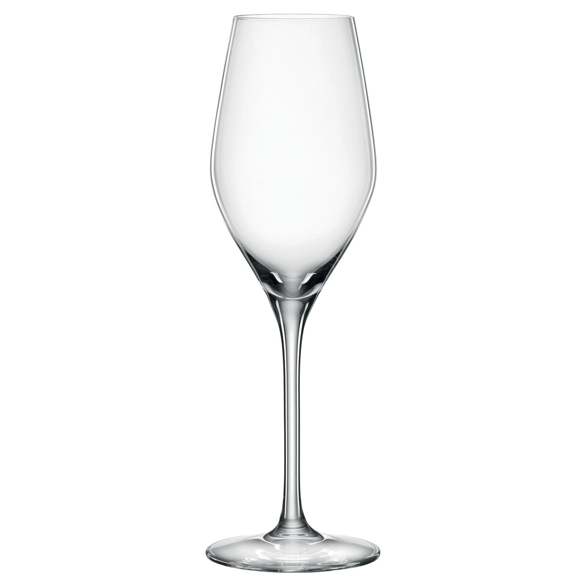 A clear, empty Spiegelau Restaurant Authentis Champagne Glass (220ml) with a long stem and a rounded bowl, standing upright on a white background.