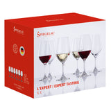A red and white Spiegelau box labeled "Spiegelau Expert Wine Tasting Glass 260ml - Set of 6" features six crystalline wine tasting glasses by Spiegelau, with three filled with red wine and three with white wine, highlighting both the product and the brand.