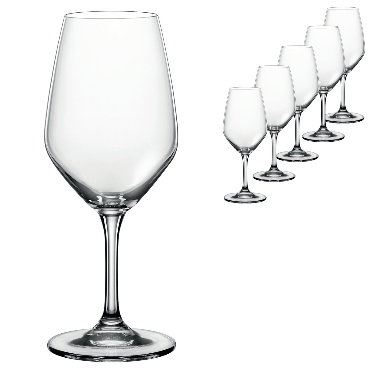 A set of six Spiegelau Expert Wine Tasting Glasses (260ml) is arranged in a diagonal line on a white background, with one prominent Spiegelau glass in the foreground and the other glasses appearing gradually smaller behind it.