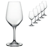 A set of six Spiegelau Expert Wine Tasting Glasses (260ml) is arranged in a diagonal line on a white background, with one prominent Spiegelau glass in the foreground and the other glasses appearing gradually smaller behind it.