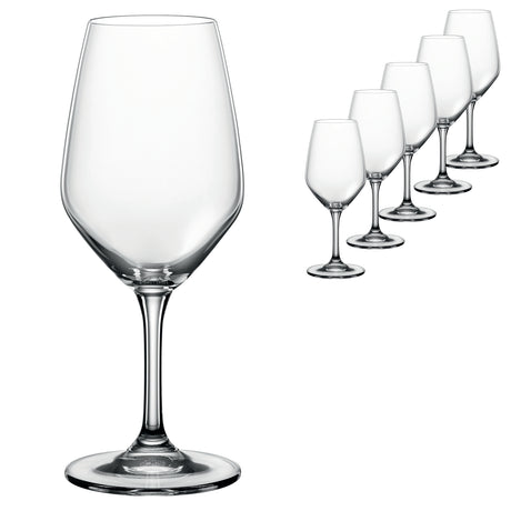 A set of six Spiegelau Expert Wine Tasting Glasses (260ml) is arranged in a diagonal line on a white background, with one prominent Spiegelau glass in the foreground and the other glasses appearing gradually smaller behind it.