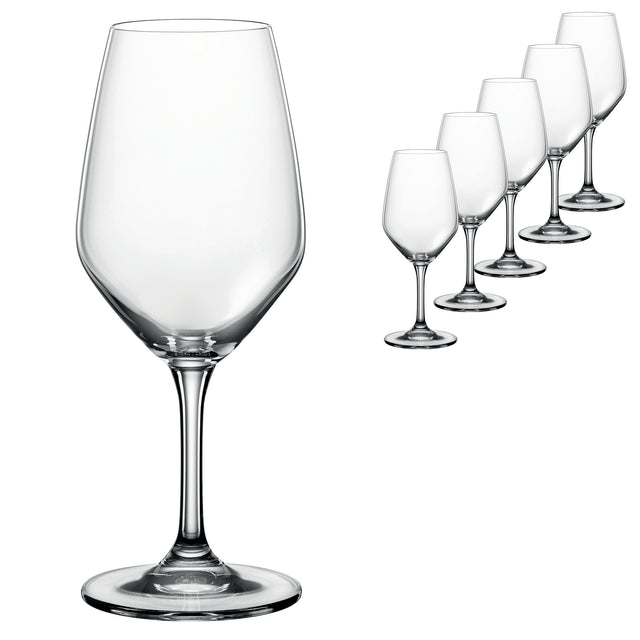 A set of six Spiegelau Expert Wine Tasting Glasses (260ml) is arranged in a diagonal line on a white background, with one prominent Spiegelau glass in the foreground and the other glasses appearing gradually smaller behind it.
