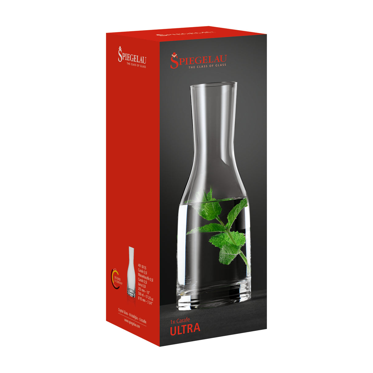 A red Spiegelau box showcases a clear Spiegelau Ultra Wine / Water Carafe 500ml with mint leaves inside. The packaging displays the Spiegelau brand logo, a product image, and the text "In-Carafe ULTRA" on the front, emphasizing this stylish carafe as an ideal choice for serving wine or water at any occasion.