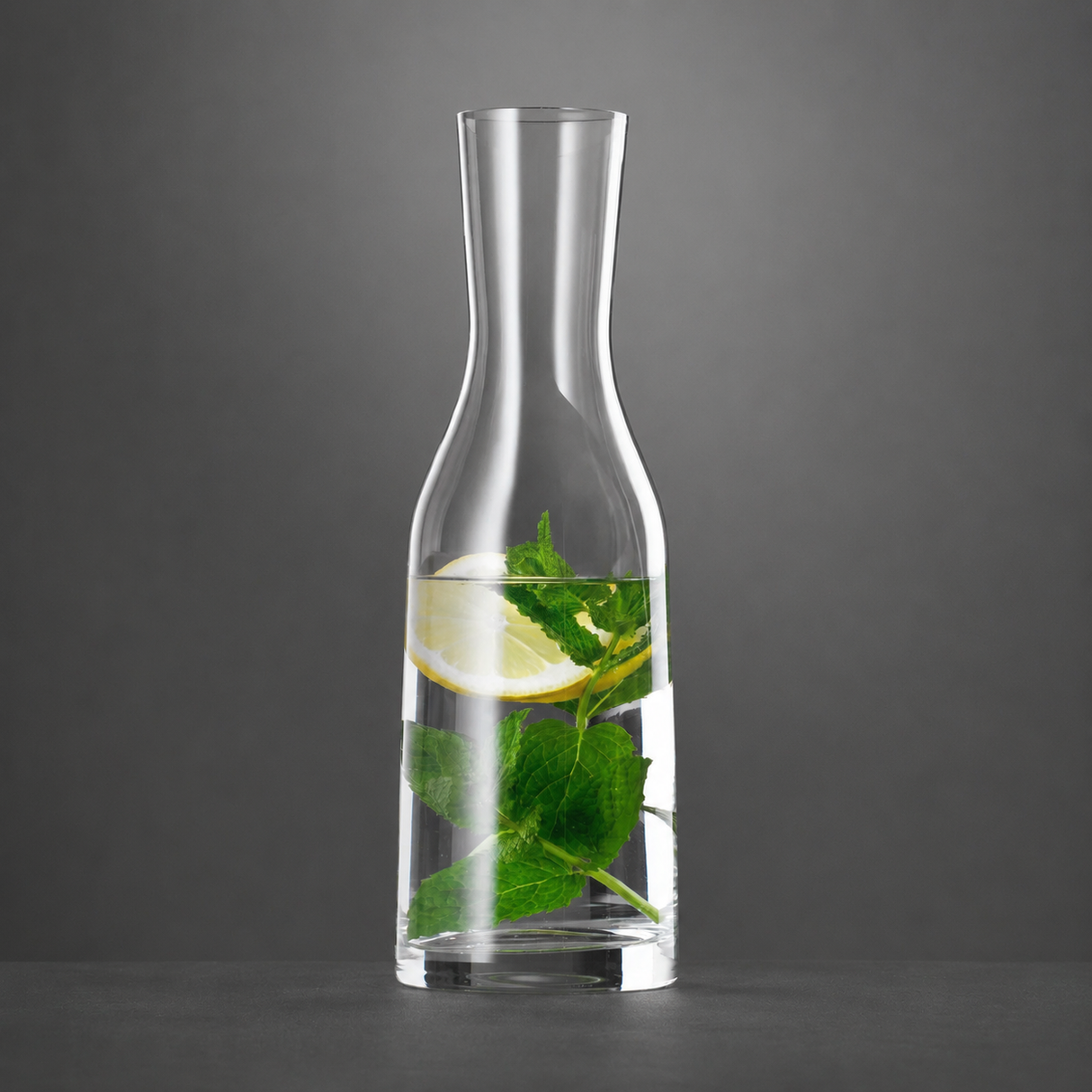 A Spiegelau Ultra Wine / Water Carafe 1000ml by Spiegelau, filled with water and garnished with fresh mint leaves and a lemon slice, is set against a plain, dark gray background.