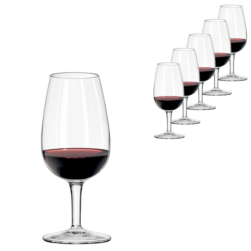 A Luigi Bormioli ISO Type Wine Tasting Glass 12cl is filled with red wine in the foreground, while five matching glasses from the Luigi Bormioli set of six are arranged in a line on a white surface.
