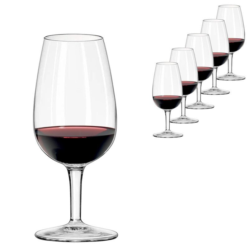 A set of six Luigi Bormioli ISO Type Wine Tasting Glasses (31cl), each partially filled with red wine, is arranged in a row against a white background, with the largest glass in front and the others receding behind it.