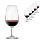 A set of six Luigi Bormioli ISO Type Wine Tasting Glasses (31cl), each partially filled with red wine, is arranged in a row against a white background, with the largest glass in front and the others receding behind it.