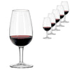 A set of six Luigi Bormioli ISO Type Wine Tasting Glasses (31cl), each partially filled with red wine, is arranged in a row against a white background, with the largest glass in front and the others receding behind it.