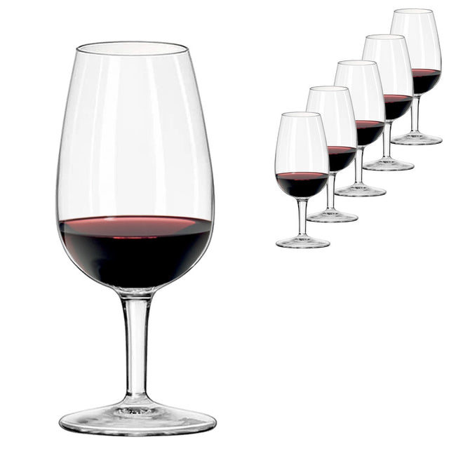 A set of six Luigi Bormioli ISO Type Wine Tasting Glasses (41cl), arranged with one glass prominent in the foreground and the other five receding, perfect for professional wine tasting.