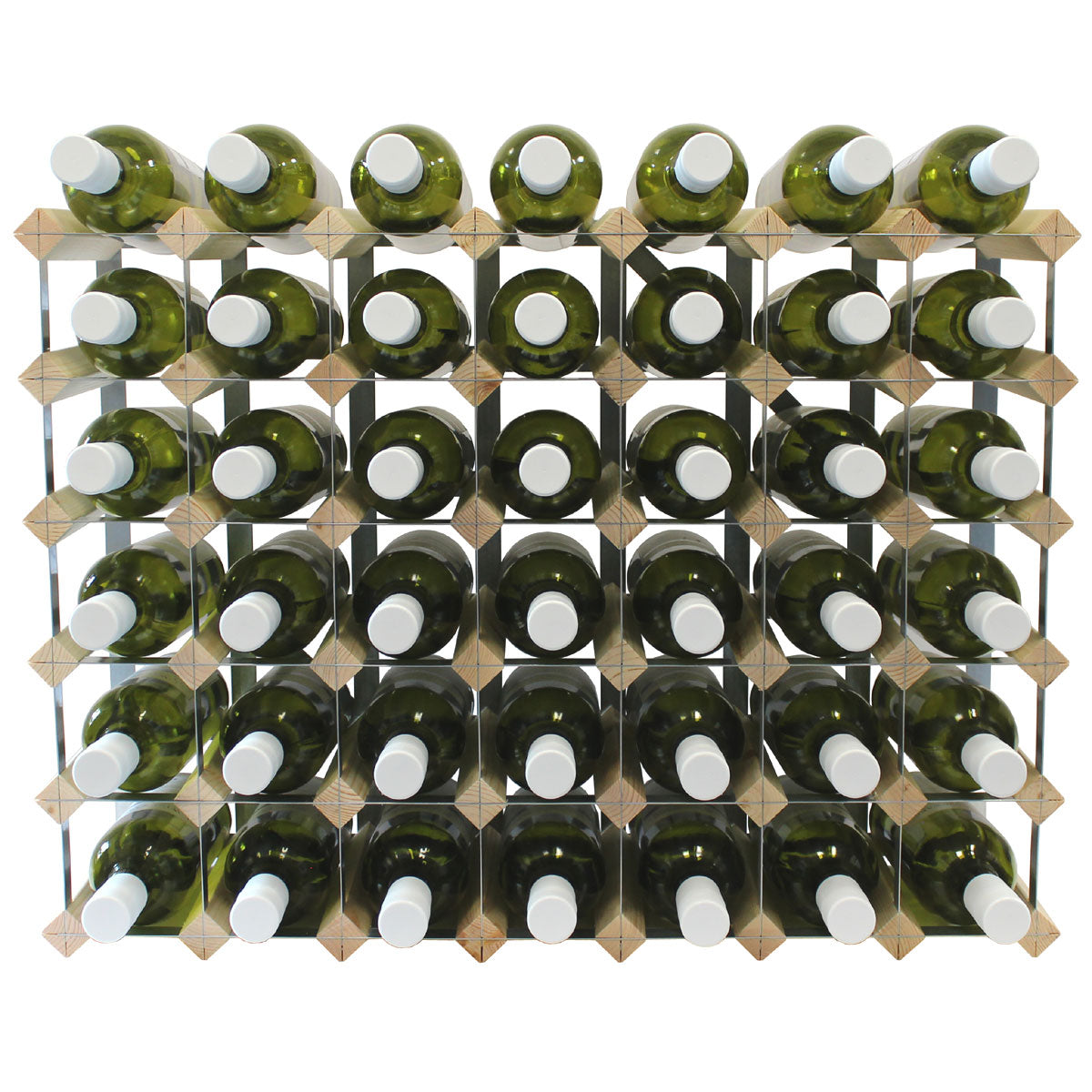 Fully Assembled Wooden Wine Rack - Natural Pine & Galvanised Steel 42 Bottle 7 x 5