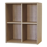 A simple, light wine rack from the Wineware Malbec Self-Assembly Series features four square compartments in a 2x2 grid, finished in rustic oak effect melamine. The surface showcases a subtle wood grain texture and holds up to 60 bottles.