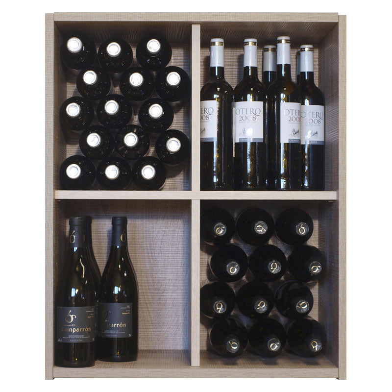 The Wineware Malbec Self-Assembly Series - 60 Bottle Melamine Wine Rack Kit in Rustic Oak Effect offers both charm and functionality, holding up to 60 bottles. It features compartments designed for versatile bottle storage, including upright sections and horizontal spaces, all in an easy-to-assemble kit that brings timeless rustic style to your home.