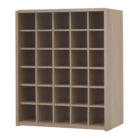 The Wineware Malbec Self-Assembly Series 30 Bottle Melamine Wine Rack Kit features a rustic oak effect and offers 25 square compartments arranged in a 5 by 5 grid. Designed for easy self-assembly, this versatile piece is ideal for storage or organization and adds charm as a functional wine rack.