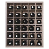 Introducing the Wineware Malbec Self-Assembly Series - 30 Bottle Melamine Wine Rack Kit in a rustic oak effect. Featuring a grid of five rows and six columns, each compartment displays a single bottle with its top visible from above. This elegant self-assembly kit combines functional storage with refined style, making it the perfect way to showcase your wine collection.