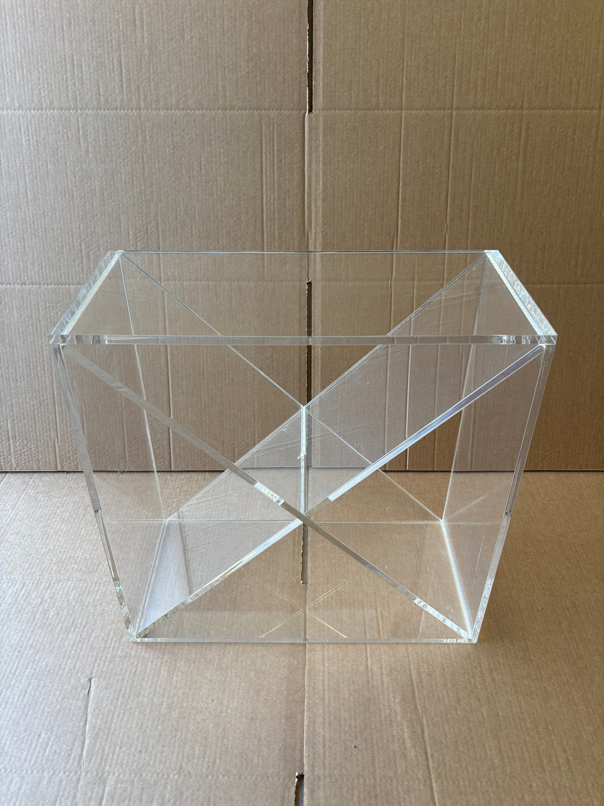 Ex-Display Clear Perspex Wine Cube – 225mm Deep - Approx. 24 Bottles, a clear acrylic wine display cube with an X-shaped divider.