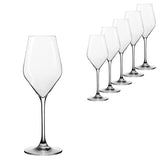 A set of six Lehmann Glass Absolus Champagne/Sparkling Wine Glasses (200ml), crafted from lead-free crystal, are displayed in a diagonal line, with one glass in the foreground and the others gradually receding.