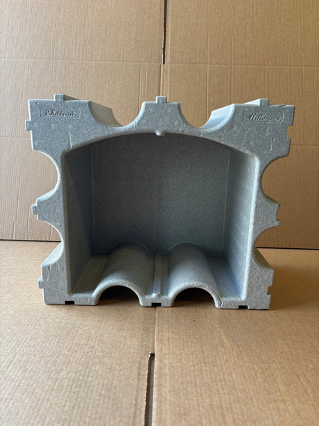 Grey Polystyrene Wine Racking – 3 Stackable Units – Approx. 40 Bottles with shaped indentations for holding bottles in a stackable wine storage module.