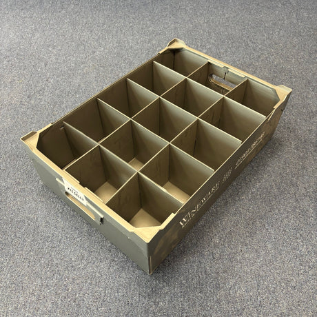 The Wineware USED - GREAT CONDITION Wine Glass Storage Box features 15 rectangular compartments (140mm high), a sturdy labeled cardboard design with side cut-out handles, and is perfect for storing wine glasses.