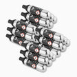 Twelve silver Coravin Pure Argon Gas Replacement Capsules with black nozzles, arranged in two rows for wine preservation.
