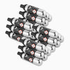 Twelve silver Coravin Pure Argon Gas Replacement Capsules with black nozzles, arranged in two rows for wine preservation.