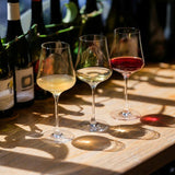 Two Gabriel-Glas StandArt Universal Red & White Wine Glasses by Gabriel-Glas—crafted from lead-free crystal—stand on a sunlit wooden table, each filled with wine (one white and one red), with wine bottles and plant shadows in the background.