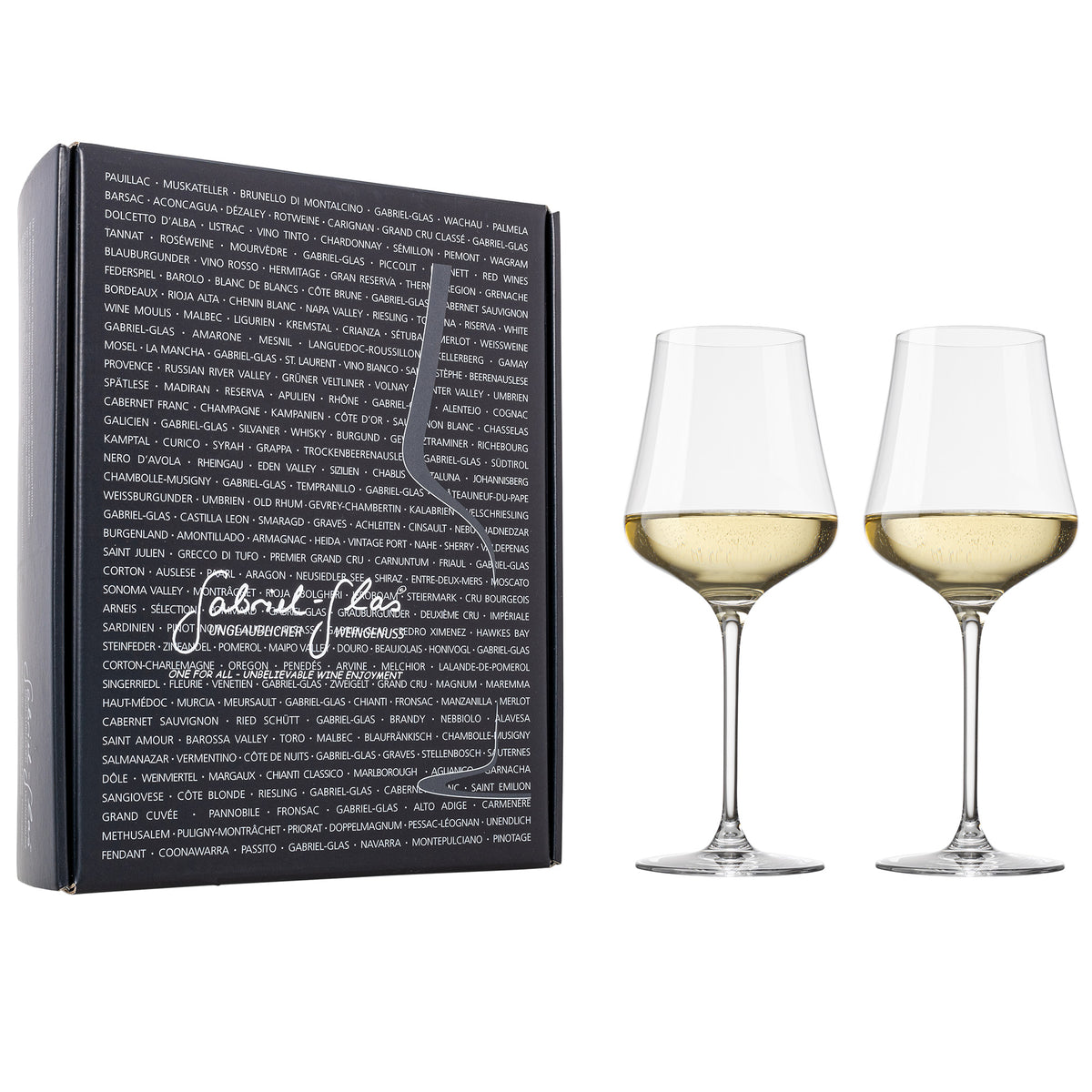 Two Gabriel-Glas StandArt Universal Red & White Wine Glasses filled with white wine are set beside a sleek black Gabriel-Glas box, which displays the outline of a universal wine glass, handwritten-style branding, and a backdrop of assorted wine names in bold white lettering.