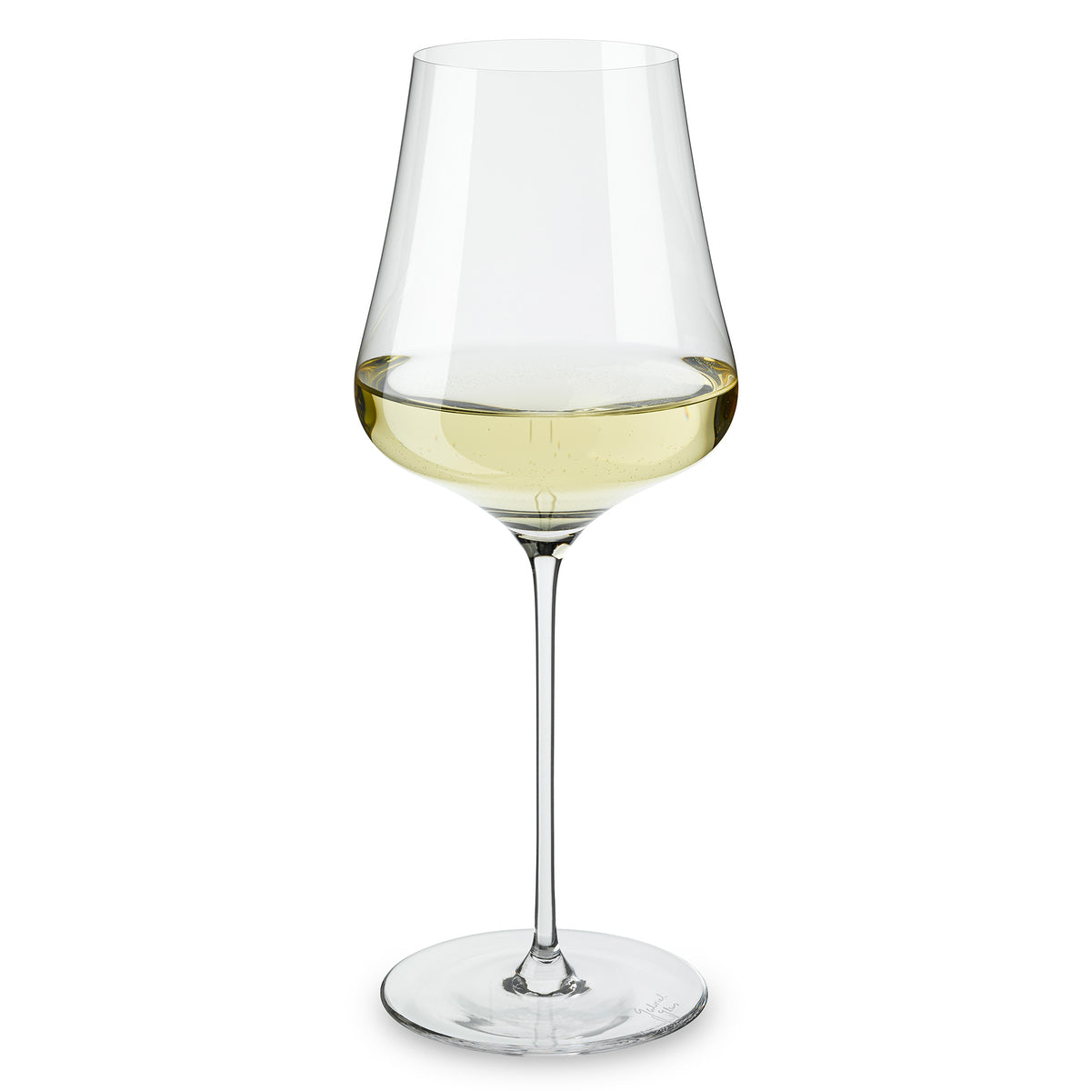 A set of two Gabriel-Glas StandArt Universal Red & White Wine Glasses by Gabriel-Glas, each with a long stem and made from elegant lead-free crystal, is partially filled with white wine and displayed against a plain white background. These glasses are designed to enhance the tasting experience while beautifully displaying the wine’s delicate color.