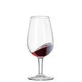 A Luigi Bormioli ISO Type Wine Tasting Glass (21.5cl) from the 6-piece set, tilted to show the red wine’s rich color and clarity—ideal for professional tastings.