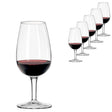 A Luigi Bormioli ISO Type Wine Tasting Glass 21.5cl filled with red wine is in the foreground, with five more glasses from the Luigi Bormioli set of 6 for professional tastings arranged in the background.