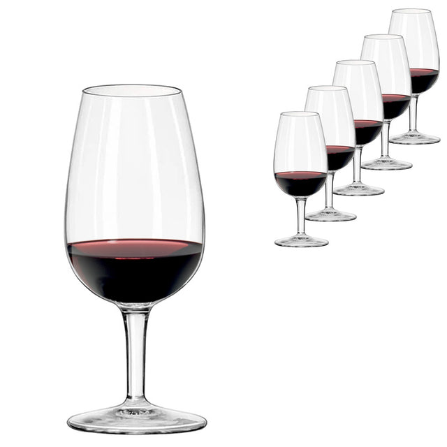 A Luigi Bormioli ISO Type Wine Tasting Glass 21.5cl filled with red wine is in the foreground, with five more glasses from the Luigi Bormioli set of 6 for professional tastings arranged in the background.