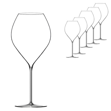 A set of six large, mouth-blown Lehmann Glass La Poétique Grand Rouge Red Wine Glass 700ml - Set of 6 arranged in a row with one in the foreground.