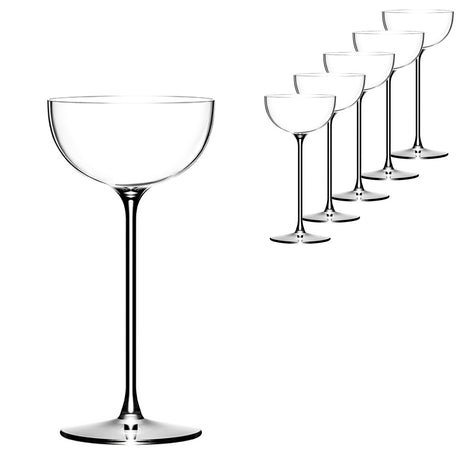 Six clear lead-free crystal Lehmann Glass La Creative London Cocktail Coupe 200ml glasses with long stems arranged in a row.